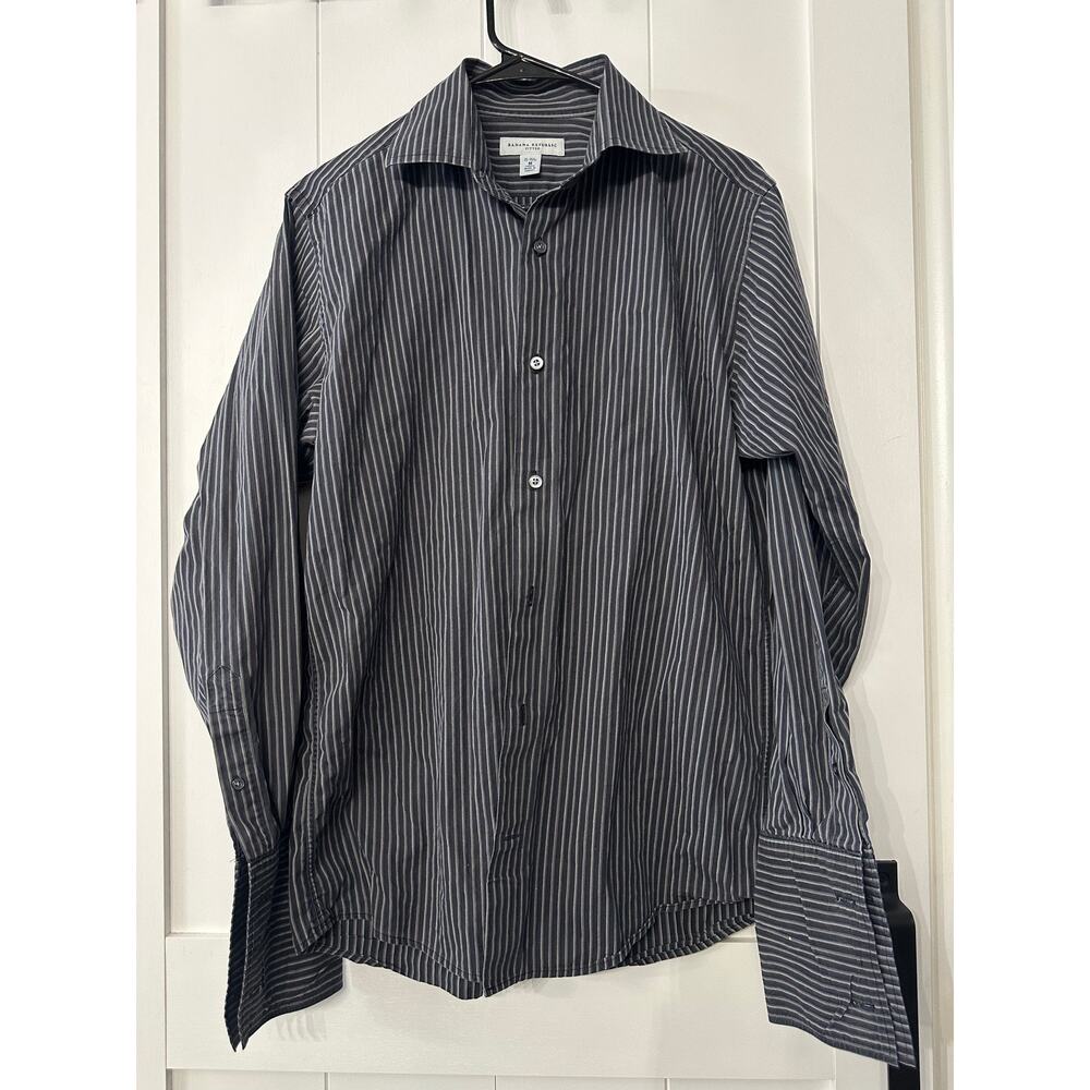 Banana Republic Shirt Size 15-15.5 Medium Fitted Black Striped Button Up